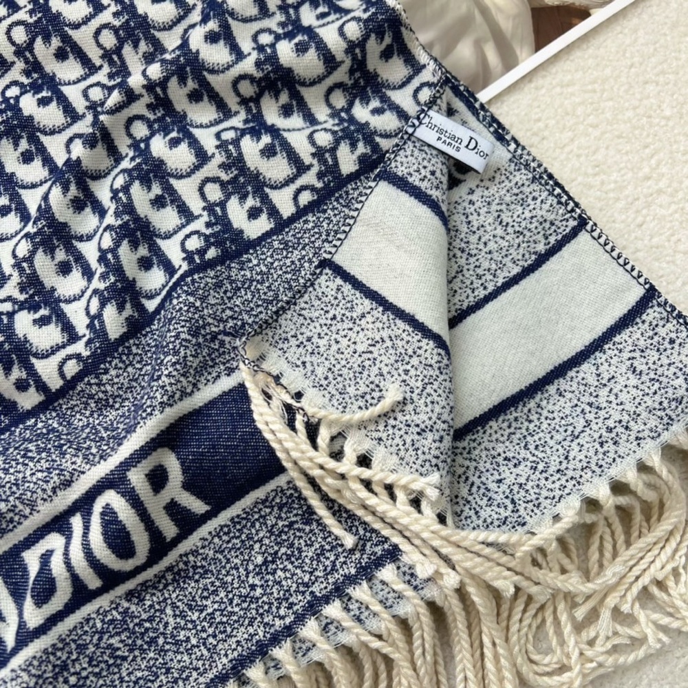 Dior Navy & White Monogram Fringe Scarf Throw - Picture 2 of 6